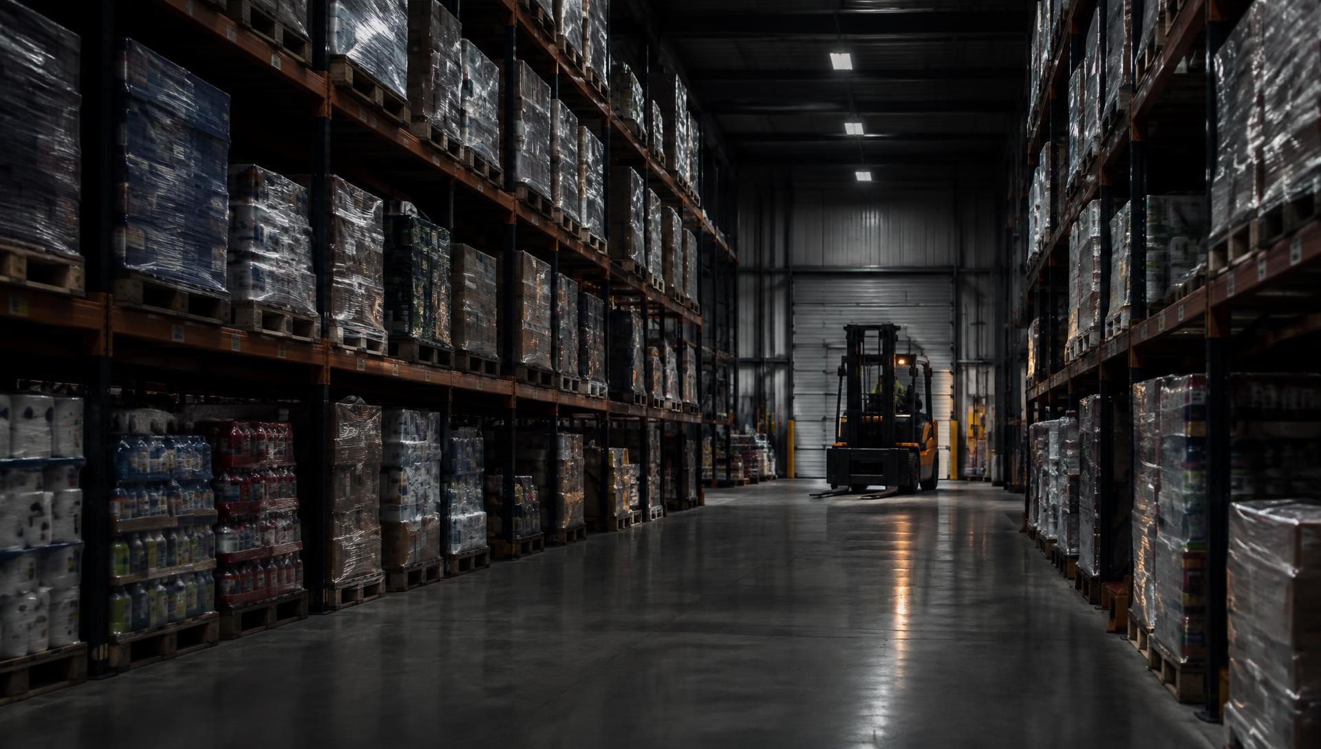 Pallets of stock in the MFI Wholesale warehouse